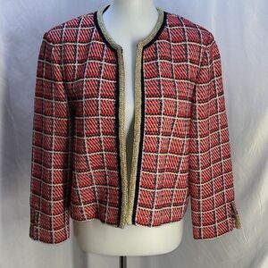 ST JOHN woven tweed jacket red/blue/gold Sz M blazer separate knit